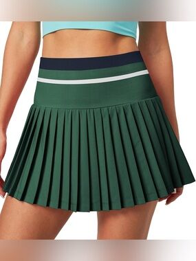 Heathyoga Tri Color Striped Waist Pleated Green Tennis Skirt M